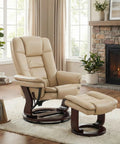 Swivel Recliner With Ottoman And Wood Base In PU Leather Ultra Plush Double Foam For Cozy Comfort Footrest in living room
