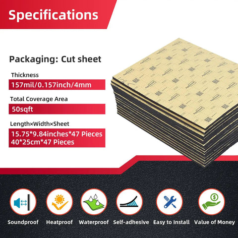 Smooth Ride Auto Sound Deadening Mat 157 Mil Thick Closed Cell Pe Foam 36 Sq Ft stack of cut sheets with dimensions and specs