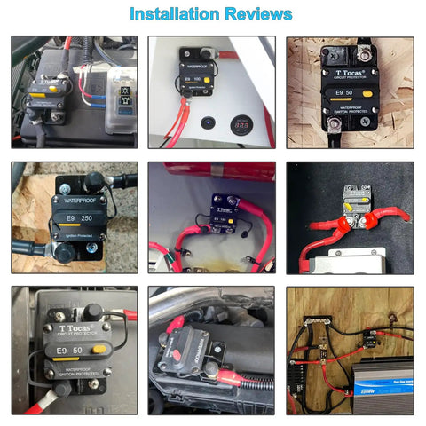 Beefy 150 Amp Car Circuit Breaker With Manual Reset For Autos Boats RVs Trucks And Solar Battery Systems 12V To 48V DC Waterproof IP67 UL Certified Type III Switchable installed in various vehicles and systems.