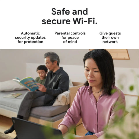 Family using WiFi Pro Mesh Router With WiFi 6E Speed Ultra Fast Rock Solid Connection For Entire Home Whole Home Coverage Up To 2200 Sq Ft