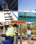 Collage showing 9.8 Feet Fire Escape Rope Ladder For Home Emergency Use on building, boat, ship, and treehouse with users