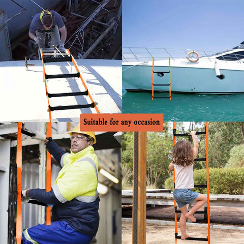 Collage showing 9.8 Feet Fire Escape Rope Ladder For Home Emergency Use on building, boat, ship, and treehouse with users