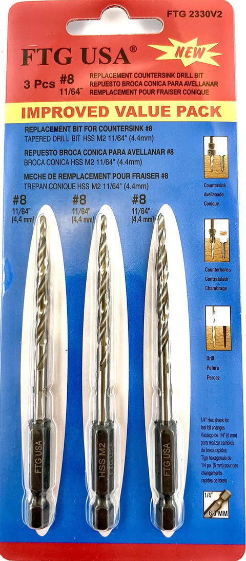 Three Piece Countersink Drill Bit Set With Wicked Sharp Tapered Edges And Heavy Duty Hex Shank, 11/64" HSS, suitable for wood.