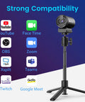 Next Level 4K Webcam Featuring Sony Sensor And Smart Autofocus For Streamers And Content Creators with tripod and compatibility logos.