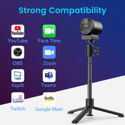 Next Level 4K Webcam Featuring Sony Sensor And Smart Autofocus For Streamers And Content Creators with tripod and compatibility logos.