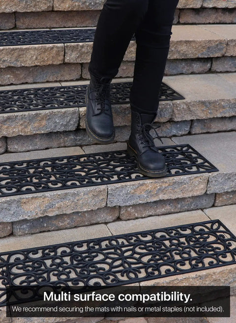 Person stepping on Non Slip Rubber Stair Treads For Indoor Outdoor Stairs 35x10 Inches 5 Pack Anti Skid Mat on stone steps