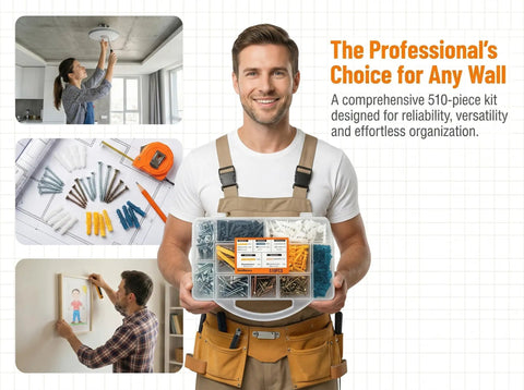 Person holding 510 Piece Wall Hanging Kit With Anchors And Screws for Picture Hanging, Sweet Setup for Frames, Canvases, and Art