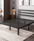 Rock Solid Queen Size Metal Bed Frame With Integrated Headboard And Reinforced Steel Slats in matte black finish.