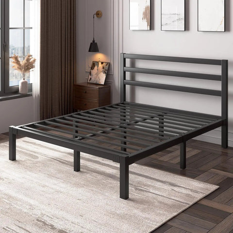 Rock Solid Queen Size Metal Bed Frame With Integrated Headboard And Reinforced Steel Slats in matte black finish.