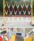 Heavy Duty Expandable Traffic Barricade Gate With Snappy Pull Handles And Neon Reflective Tabs For Roadwork Garages And Driveways Locks Down Securely With Zero Fussing Required, shown fully extended with measurements.
