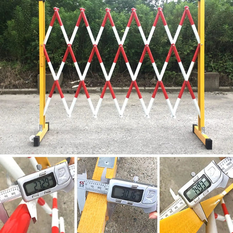 Heavy Duty Expandable Traffic Barricade Gate With Snappy Pull Handles And Neon Reflective Tabs For Roadwork Garages And Driveways Locks Down Securely With Zero Fussing Required, shown fully extended with measurements.