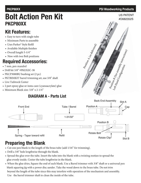 Kickin DIY Woodturning Project Kit Featuring Five Ceramic Flag Ballpoint Pen Hardware Sets And Precision Bushings For Turning Custom Writer Accessories diagram instructions for assembly and parts list.