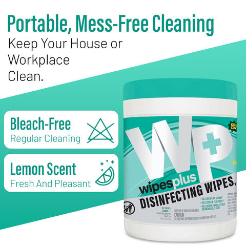 Bleach-Free Lemon Scent Disinfecting Surface Wipes Canister, 240 Count with turquoise cap and modern design.