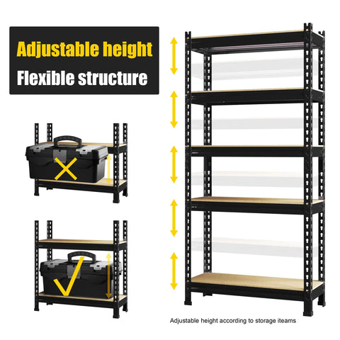 Beefy 5 Tier Adjustable Garage Storage Shelves Rack Heavy Duty Metal Utility Shelf Unit For Warehouse Pantry Closet Kitchen And Basement Black 28 W X 12 D X 59 H with adjustable height and flexible structure.