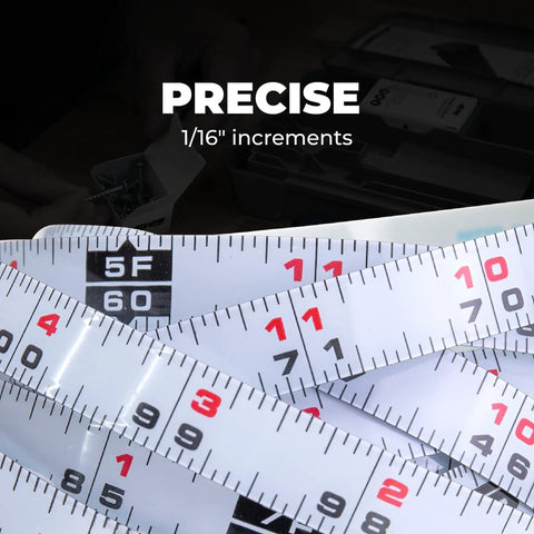 Close-up of 12 Foot Self Adhesive Measuring Tape With Right To Left Reading Bench Ruler showing precise 1/16 inch increments.