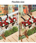 Adjustable Window Box Planter Brackets Heavy Duty Railing Mount For Balcony Deck Fence And Garden Universal Fit Top Two To Seven Inches Bottom Five Point Nine To Twelve Point Five Inches Enhanced Bottom Support Black Four Pack showcasing flexible fit on railings with flower boxes.