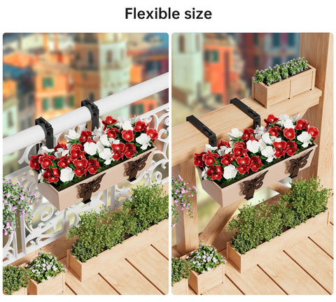 Adjustable Window Box Planter Brackets Heavy Duty Railing Mount For Balcony Deck Fence And Garden Universal Fit Top Two To Seven Inches Bottom Five Point Nine To Twelve Point Five Inches Enhanced Bottom Support Black Four Pack showcasing flexible fit on railings with flower boxes.