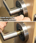 Heavy Duty Lever Style Passage Door Lock Grade Two With Brushed Chrome Finish Two And Three Quarters Inch Backset Cylindrical Construction UL Listed Three Hour ANSI BHMA A1562 Compliant Commercial Grade Door Hardware For High Traffic showing wire key release.