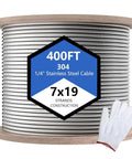 Stainless Steel Cable Kit For Backyard Zipline And Deck Railing Quarter Inch 7x19 Aircraft Wire Rope 400 Ft Length 6400 Lbs Breaking Strength Rust Resistant 304 Stainless Heavy Duty Weatherproof spool
