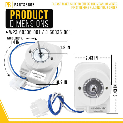 Evaporator Fan Motor Replacement For Whirlpool Maytag Amana Crosley Refrigerator Fridge Drop In Easy Install Direct Fit With 3-60336-001 AP6007509 PS11740626 DUF570WDD01 EV171NYMQ00 EVL165NXRQ03, product dimensions and wiring details.