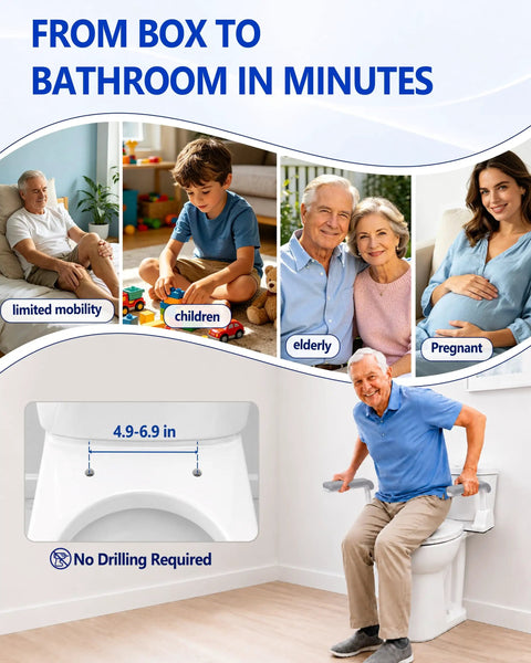 Heavy Duty Adjustable Toilet Safety Rail Giving Rock Steady Grip And Quick No Drill Setup For Seniors And Pregnant Moms Who Need Easy Getting Up Without Eating Up Valuable Bathroom Space Inside, showing elderly man using the safety rail.