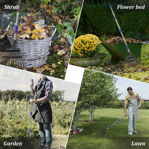 Heavy Duty Garden Rake With 11 Metal Tines And Adjustable 36 To 78 Inch Handle Eight Point Five Inch Wide Head in use