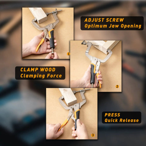Two Ways 11 Inch Pocket Hole Clamps for Woodworking in use, adjusted and clamped on wood for 90 degree assemblies, metal face visible.