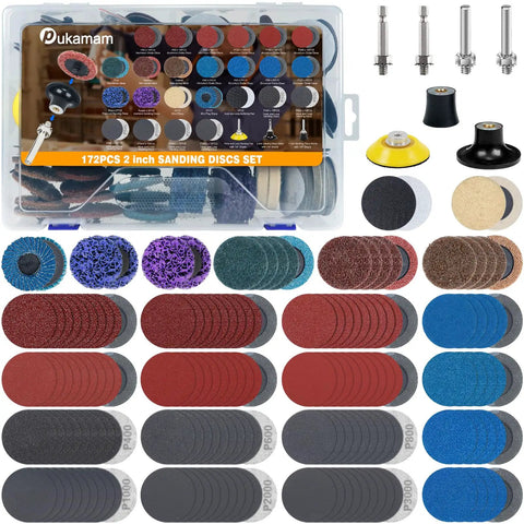 172 Pack 2 Inch Die Grinder Sanding Discs With One Quarter Inch Roll Lock Quick Change System, set with discs and shanks