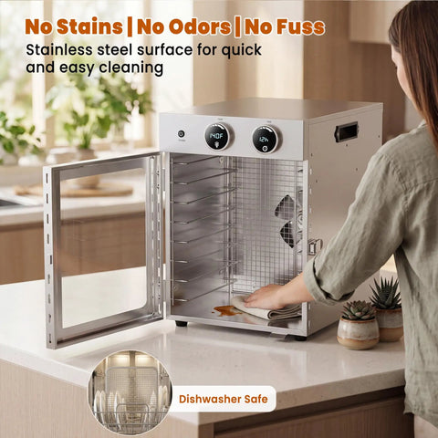 Slick Eight Tier Food Dehydrator Making Tough Jerky Dried Fruit Fresh Herbs And Custom Dog Bites 500W shown with stainless steel surface for easy cleaning.