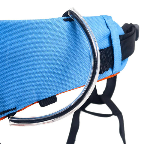 Close-up of blue Ultra Lightweight Half Body Climbing Harness For Kids And Teens with cushioned waist belt and metal loop.