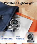 Compact Rechargeable USB Desk Fan With Turbo Airflow and Ultra Quiet 35dB Noise in a travel bag, size 5.5×3.11×6.58 inches