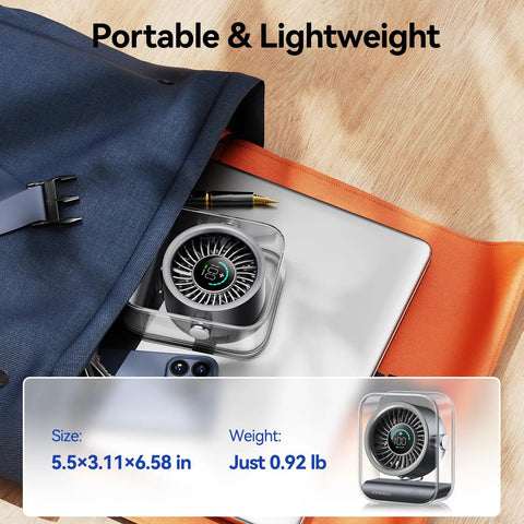 Compact Rechargeable USB Desk Fan With Turbo Airflow and Ultra Quiet 35dB Noise in a travel bag, size 5.5×3.11×6.58 inches