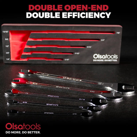Five Piece Slim SAE Wrench Set With Dual Open End Flat Wrenches Thin Compact Wrenches For Mechanics Durable Steel Tool Kit For Tight Spots Under Four Millimeter Thin Design For Reaching In Confined Areas, 5-piece set on display