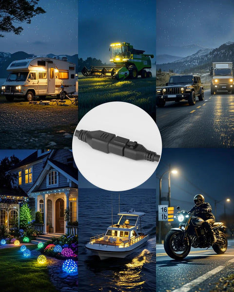 2-In-1 2ft Universal DT Splitter Wiring Harness with plug-and-play 2-pin extension, surrounded by outdoor vehicles and lights