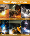 Image showing various welding processes: cutting, FCAW, GMAW, MIG, SMAW, and stick welding, using Shade 5-13 Auto-Darkening Welding Lens.