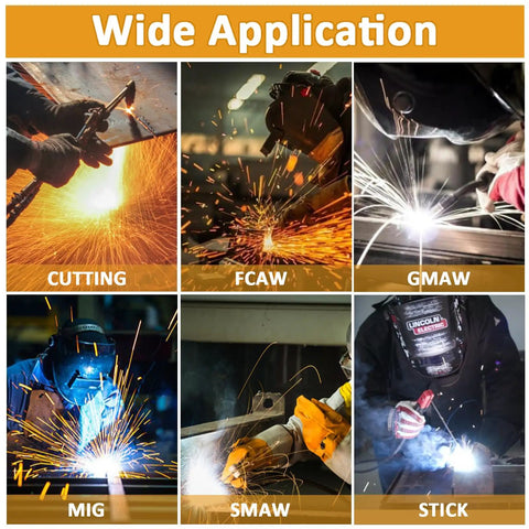 Image showing various welding processes: cutting, FCAW, GMAW, MIG, SMAW, and stick welding, using Shade 5-13 Auto-Darkening Welding Lens.