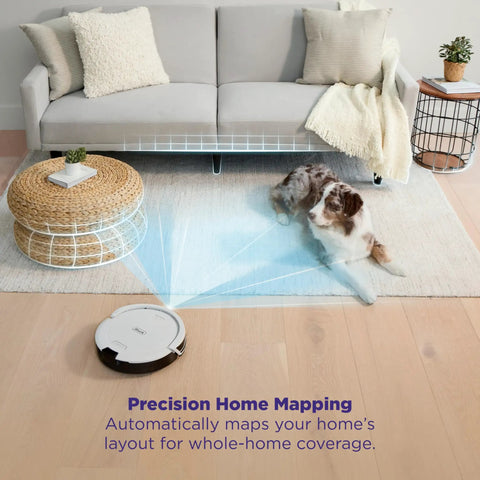 Robot Vacuum Cleaner With Beastly Suction For Pet Hair On Rugs And Hard Floors navigating room with dog and sofa