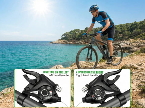 Cyclist on MTB with 3x7 Speed Shifter Brake Levers Combo for Mountain Hybrid and Road Bikes, 21-Speed Integrated Gear Shifter Set With Visual Gear Indicator and Stainless Steel Cables.