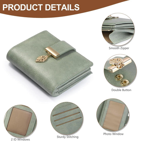 Compact Womens Wallet RFID Blocking Vegan Leather Bifold Card Holder For Women With 10 Card Slots, smooth zipper, and double button detail.