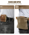 Waxed Canvas Foraging Belt Pouch With Leather Trim shown open and closed on a belt, demonstrating capacity and portability.