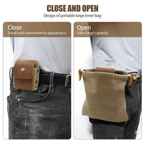 Waxed Canvas Foraging Belt Pouch With Leather Trim shown open and closed on a belt, demonstrating capacity and portability.