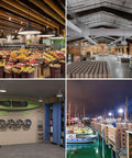 Indoor lighting examples with different fixtures showcasing various settings; barn, market, garage, and marina.