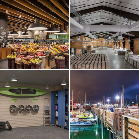 Indoor lighting examples with different fixtures showcasing various settings; barn, market, garage, and marina.