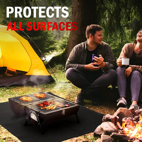 People sitting around a campfire with a grill on a Carbon Fiber Welding Blanket Heat Shield 1800F Fireproof 20-Inch By 20-Inch mat