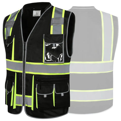Hi Vis Safety Vest With 10 Pockets, Zipper Front, Cushioned Collar, Extended Neon Yellow Reflective Strips, X Large front and back view