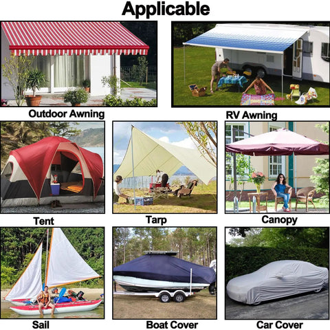 Various uses of Waterproof Repair Tape For Awning And Canvas 4 Inch By 20 Foot, showing awnings, tents, boat covers, and more.