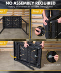 Foldable Welding Table Work Bench With 1000 Lbs Capacity Heavy Duty Steel Construction showing steps for folding and storage