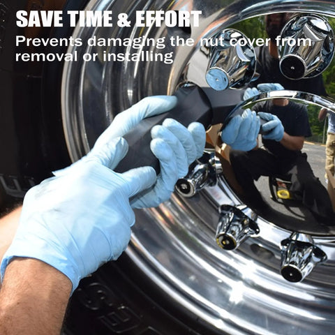 Vitonsbay 33 mm lug nut cover remover tool socket in black being used on a chrome semi-truck wheel