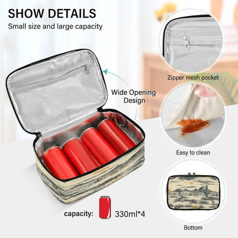 Desert Insulated Lunch Bag Leakproof Cooler with zippered mesh pockets and space for cans, open to show interior details.