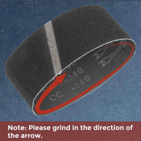Pro Shop 4x24 Inch Sanding Belts 16 Pack Featuring 80 120 150 240 Grits showing 240 grit band illustrating grinding direction.